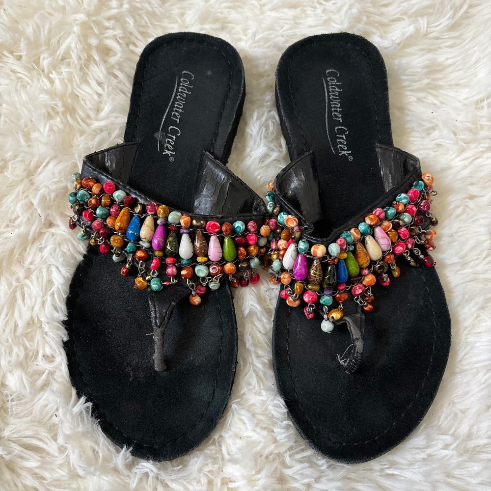 Coldwater Creek Womens Beaded Boho Thong Sandals Black Multi Color Size 7